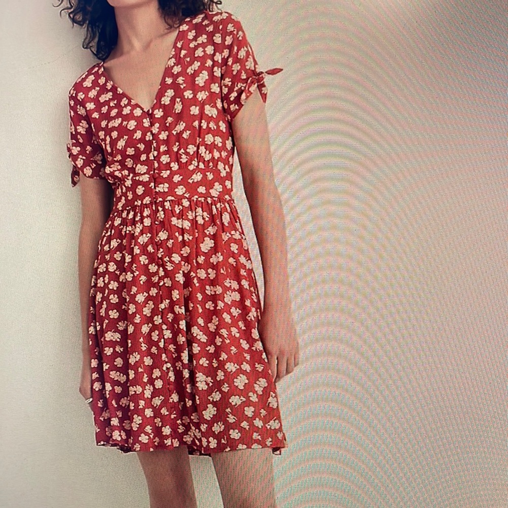 Madewell Tie Sleeve Retro Mini Dress in Red Floral